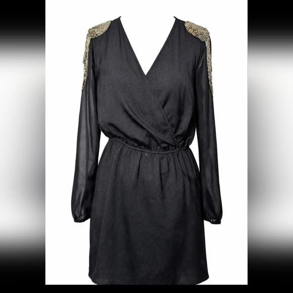 Charlotte Russe Black Beaded Shoulder Dress Long Sheer Sleeve Wrap Elastic Waist - Picture 2 of 8